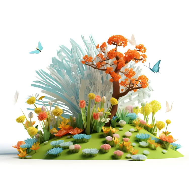 Colorful Garden with Flowers and Tree