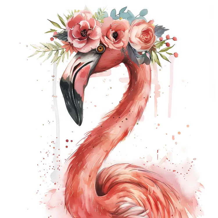 Beautiful Flamingo with Flower Crown in Watercolor Art