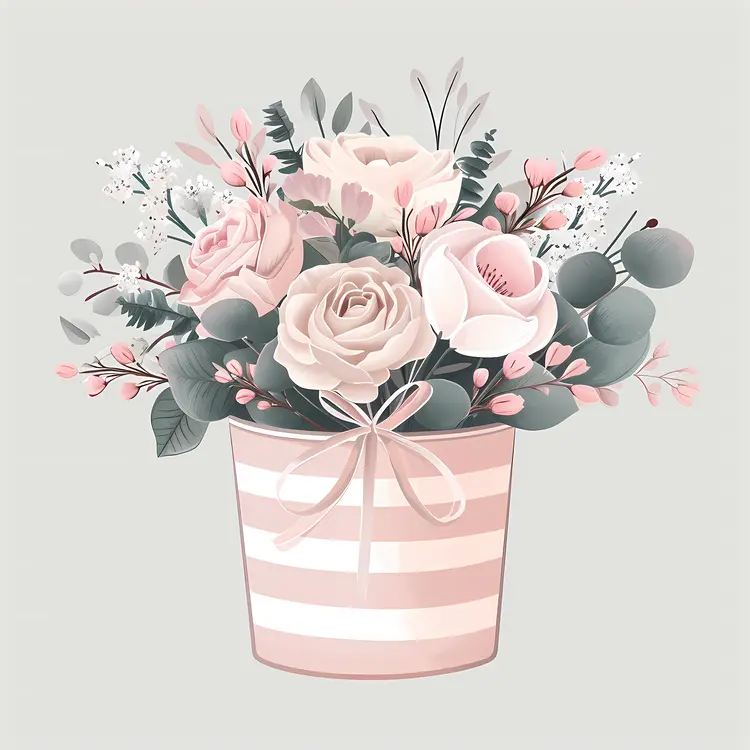 Pink and White Roses in Striped Bucket
