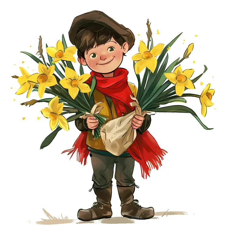 Boy Holding Two Bouquets of Daffodils