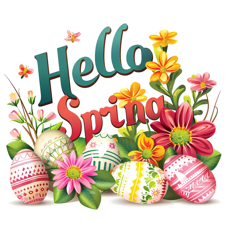 Hello Spring with Floral Arrangement and Decorated Eggs