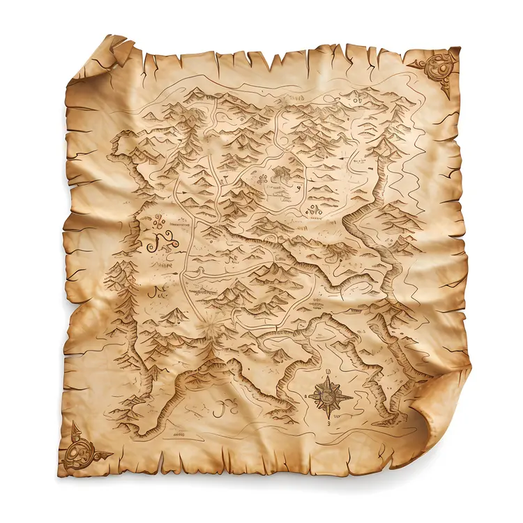 Old Treasure Map with Mountains and Rivers