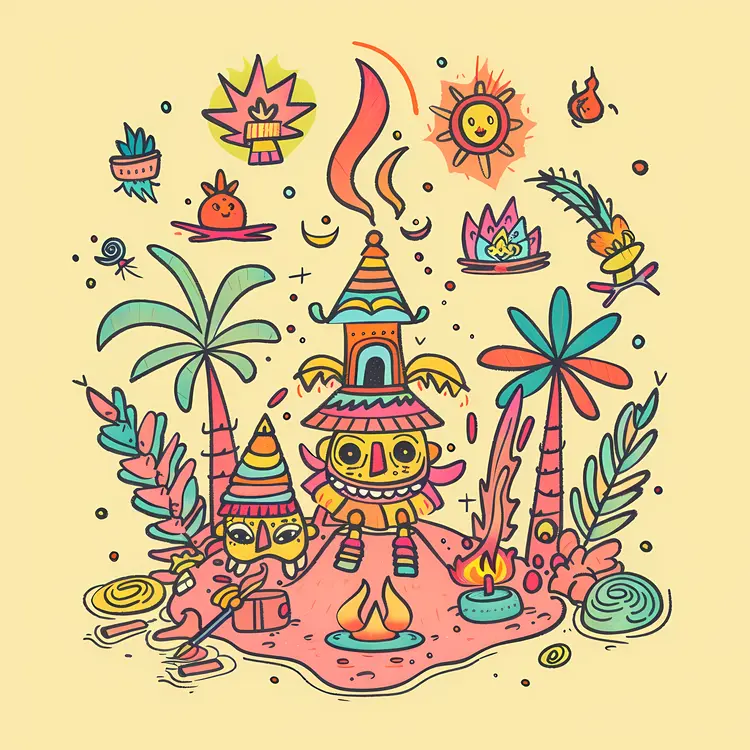 Colorful Doodle House with Palm Trees