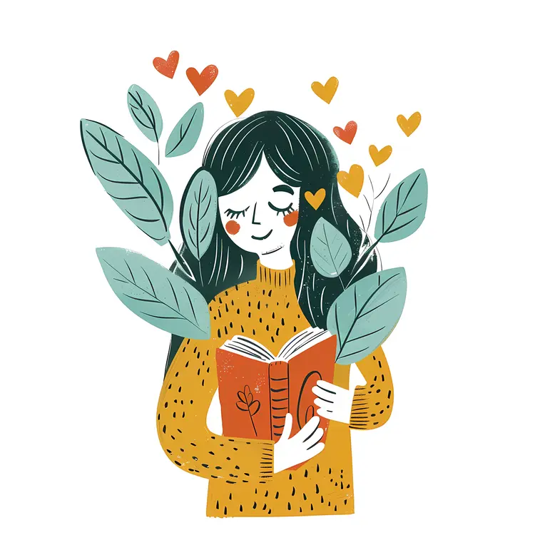 Girl Reading Book with Plants and Hearts