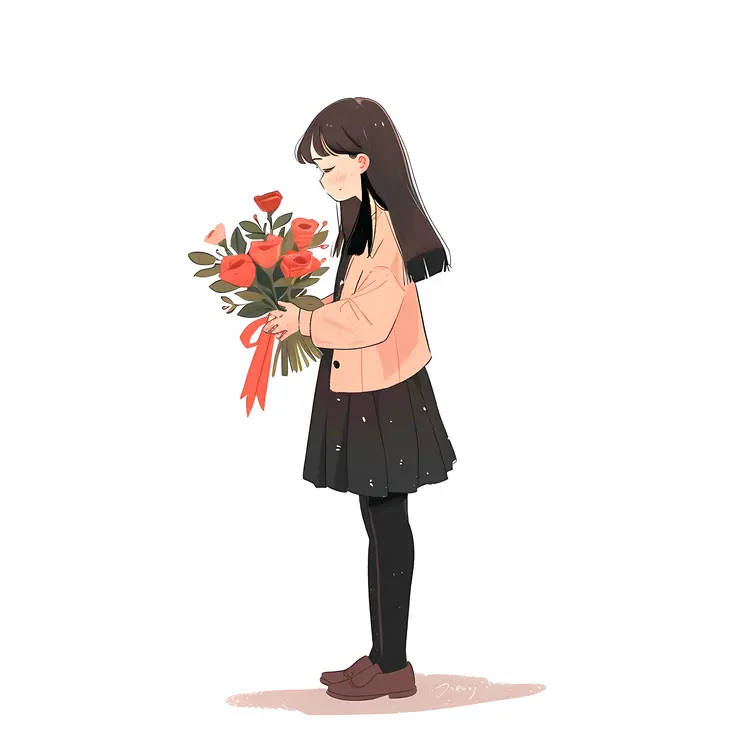 Colorful Girl Holding Flowers in Side View Illustration