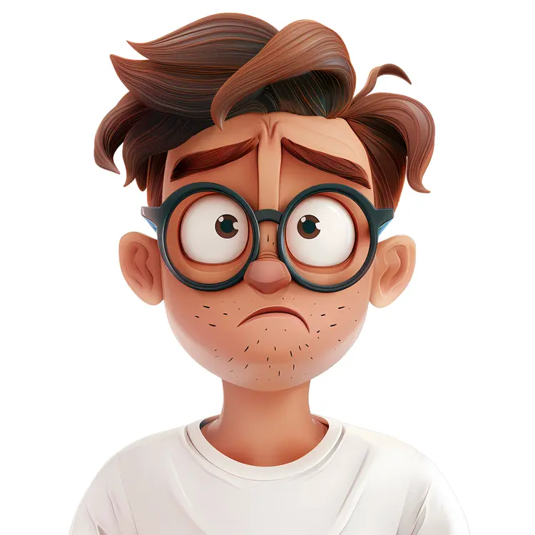 3D Cartoon Boy with Glasses and Worried Expression