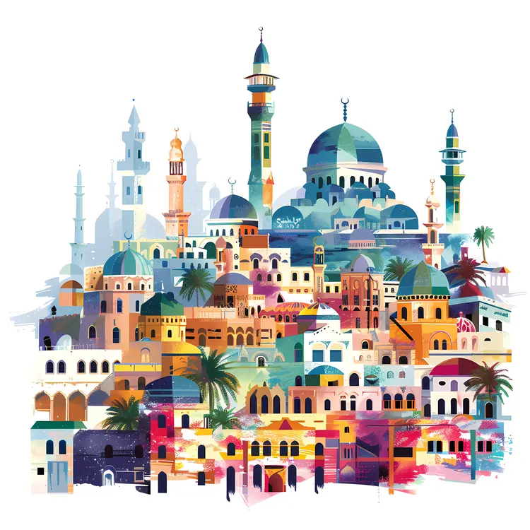 Colorful Mosque Town with Domes and Minarets