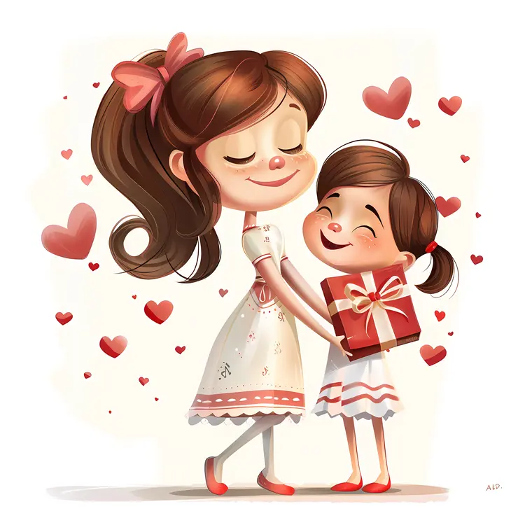 Mother and Daughter with a Gift and Hearts
