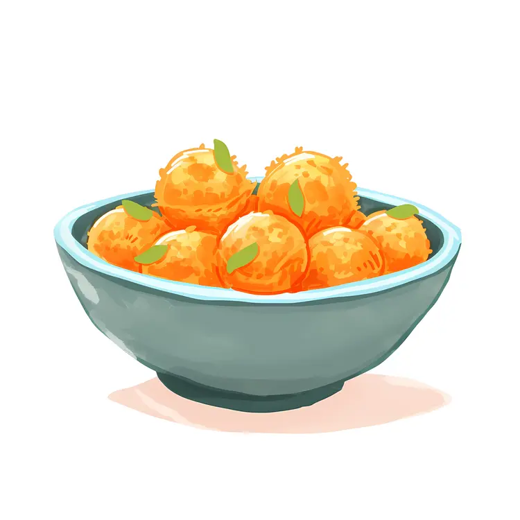Orange Balls in a Bowl with Green Leaves