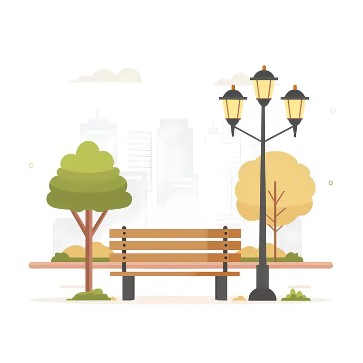 Urban Park Bench with Lamp Post and Greenery