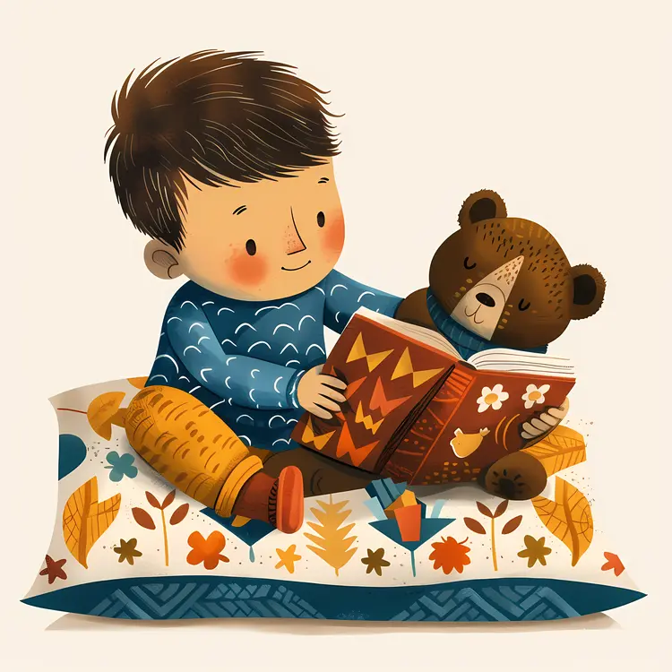 Boy Reading Book with Teddy Bear on Pillow