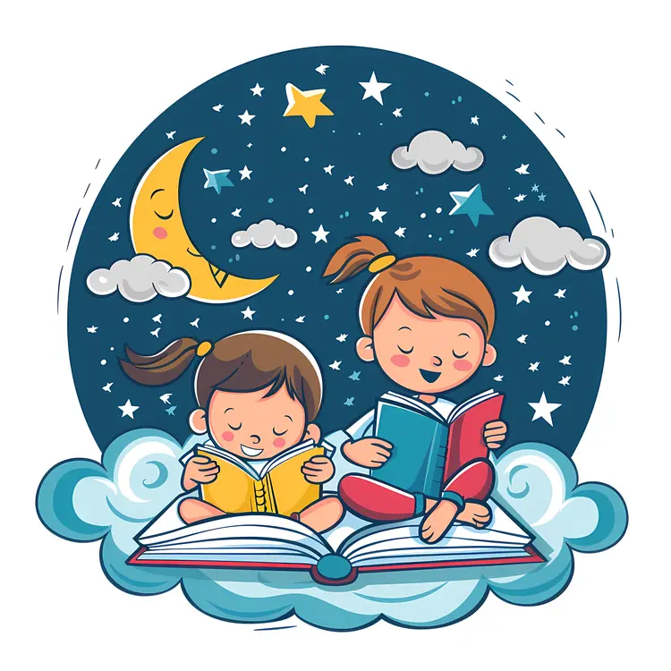 Children Reading on Clouds with Moon and Stars