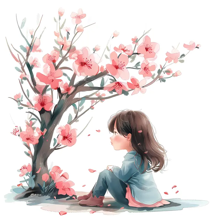 Girl Sitting by Pink Flowering Tree