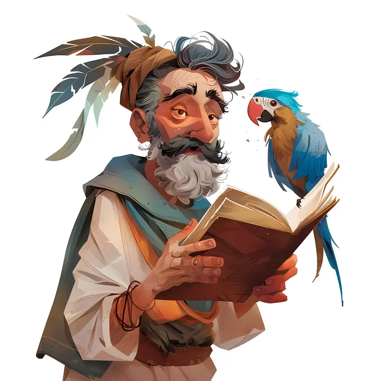 Man Reading a Book with a Parrot