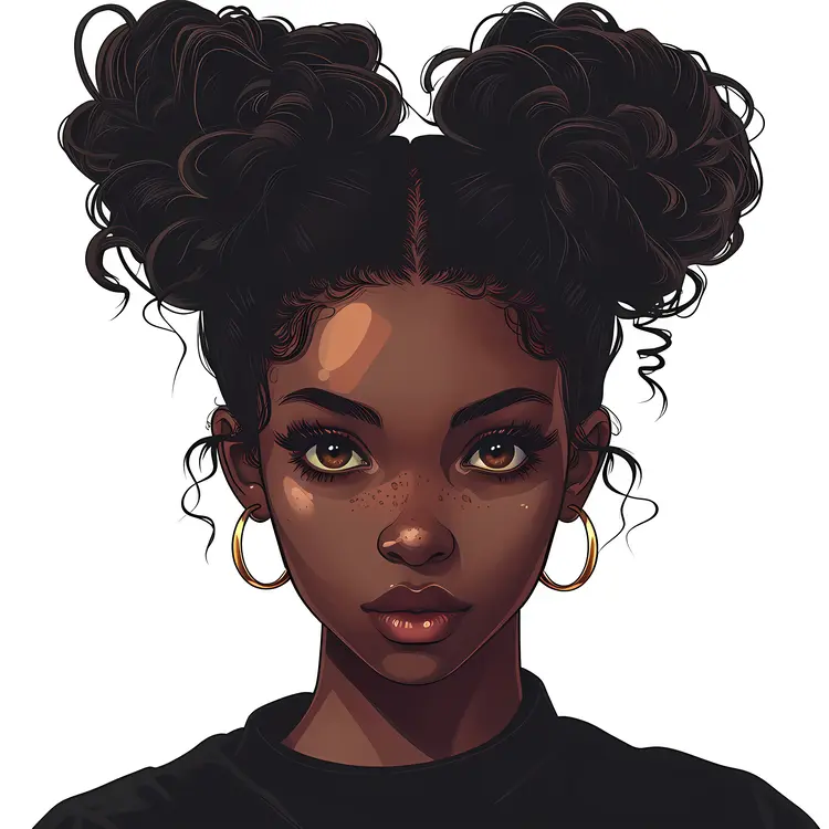 Serious Girl with Double Buns and Black Shirt