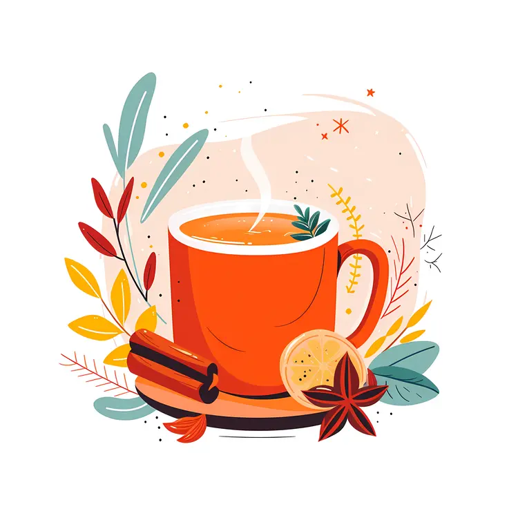 Red Cup with Cinnamon Stick and Leaves