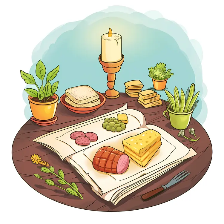 Illustrated Breakfast Table with Cheese and Ham