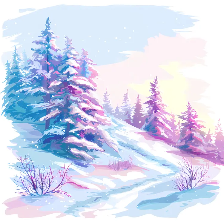 Snowy Winter Scene with Pink and Blue Hues