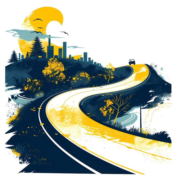 Winding Road Leading to City at Sunset