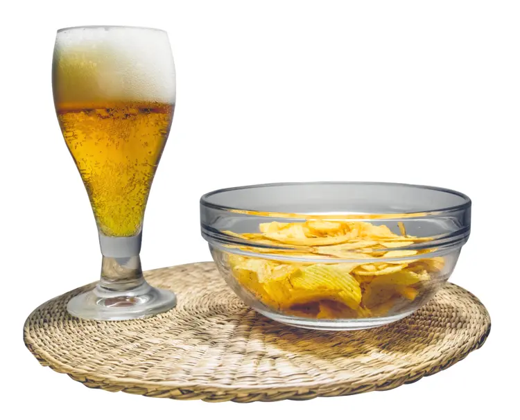 Beer and Chips on a Mat