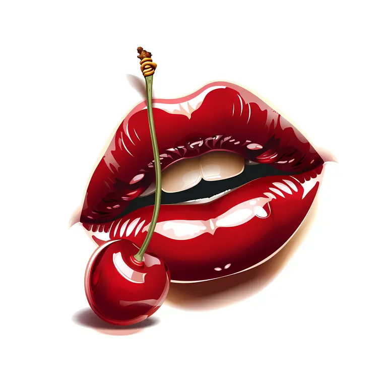 Glossy Red Lips with Cherry Illustration