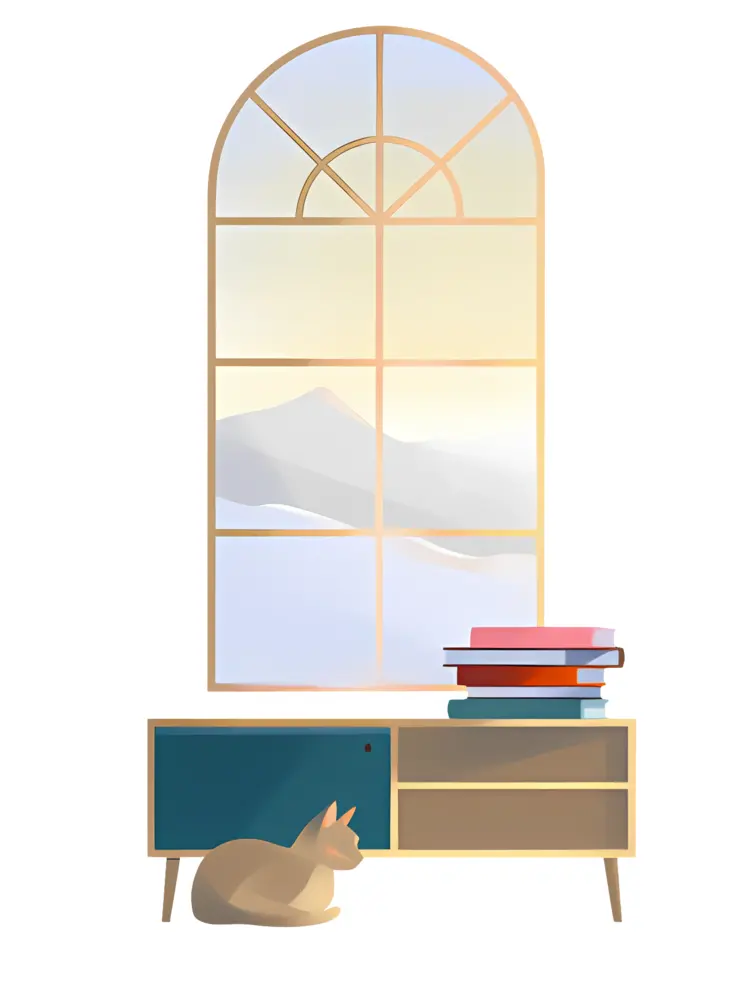 Window with Books and a Cat Relaxing