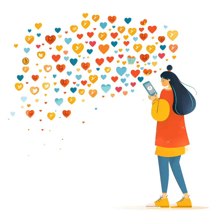 Cartoon Girl with Phone and Colorful Hearts