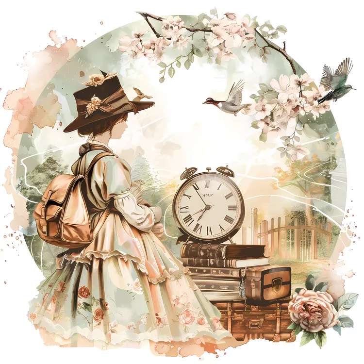 Girl with Clock and Backpack in Spring