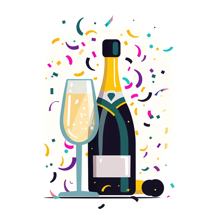 Champagne Bottle and Glass with Confetti