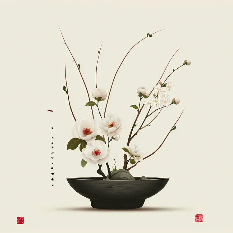 White Flowers in Bowl with Branches