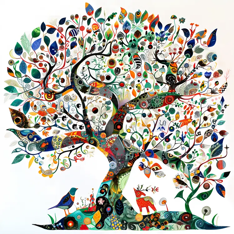 Colorful Tree with Artistic Leaves and Birds