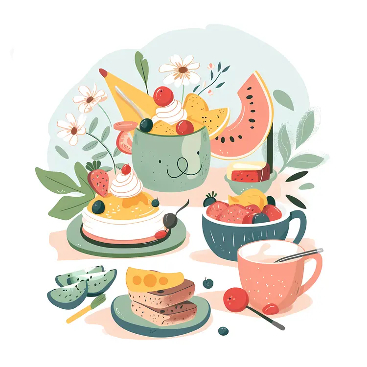 Colorful Breakfast Spread with Fruits and Coffee