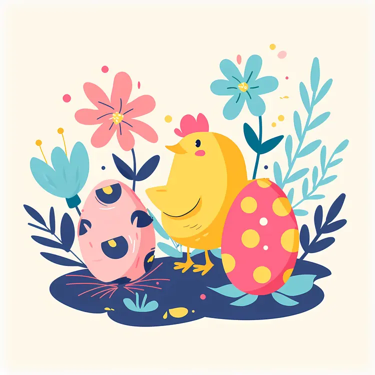 Chick with Easter Eggs and Flowers