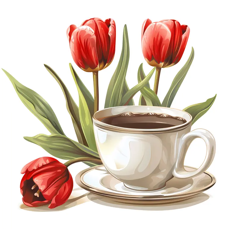 Coffee Cup and Red Tulips in Spring