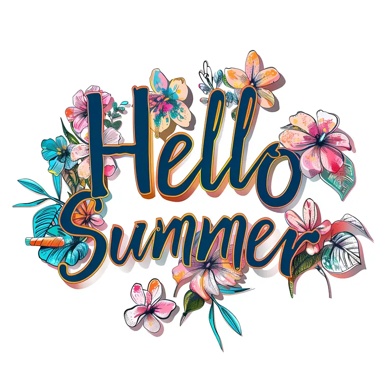 Hello Summer with Colorful Flowers and Leaves