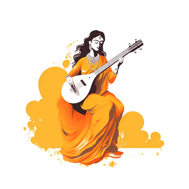 Woman Playing Sitar in Traditional Dress Illustration