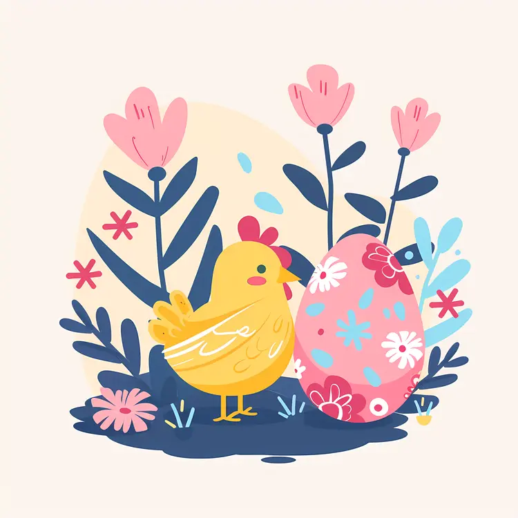 Chick with Easter Egg and Flowers