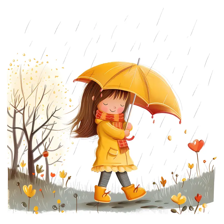 Girl with Yellow Umbrella in Rain