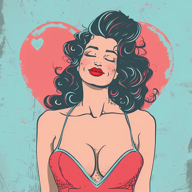 Stylish Woman with Red Dress and Heart Background