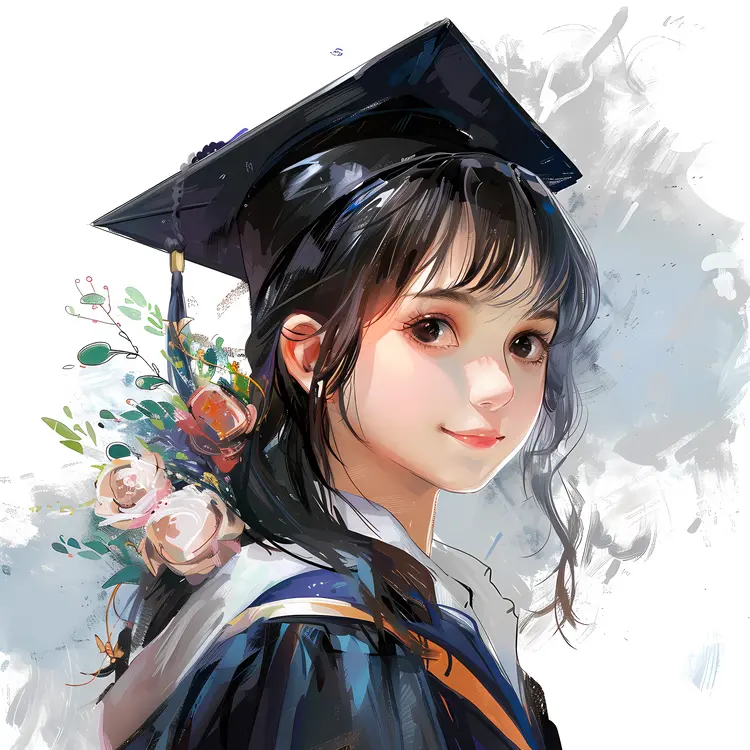 Graduation Cap on Student with Bouquet