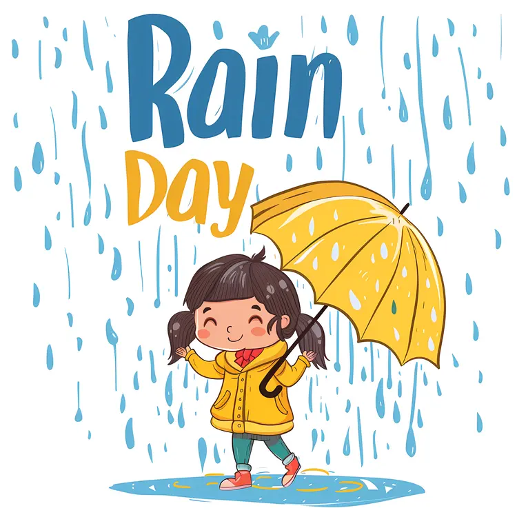 Cute Girl with Yellow Umbrella on Rainy Day