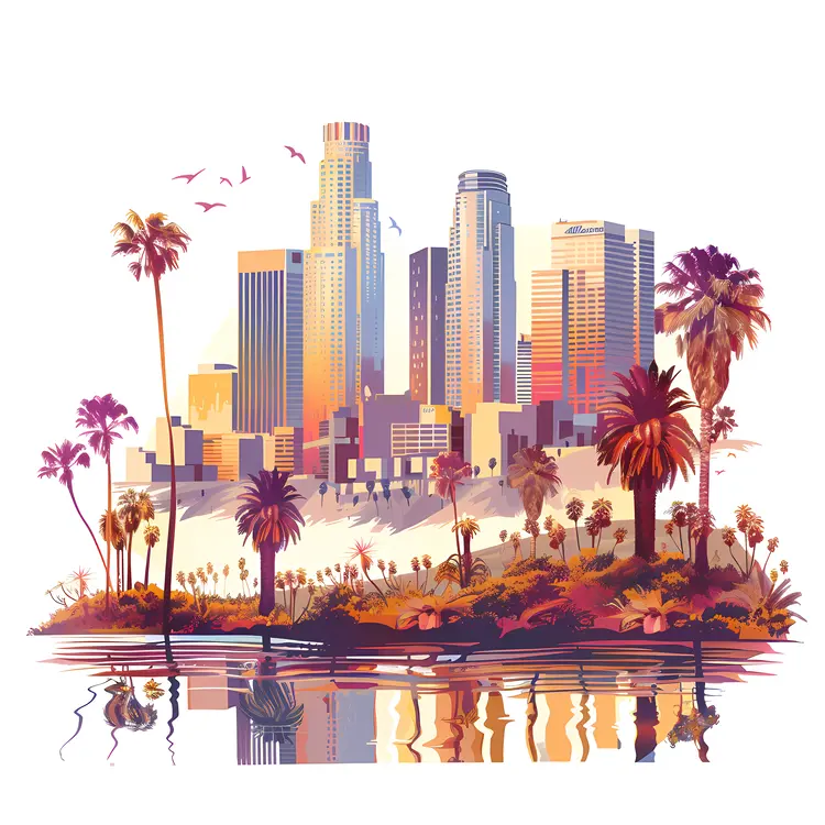Cityscape with Palm Trees and Reflection