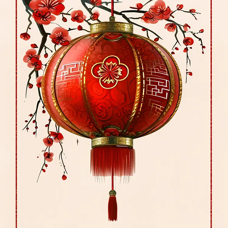 Ornate Red Lantern with Cherry Blossoms
