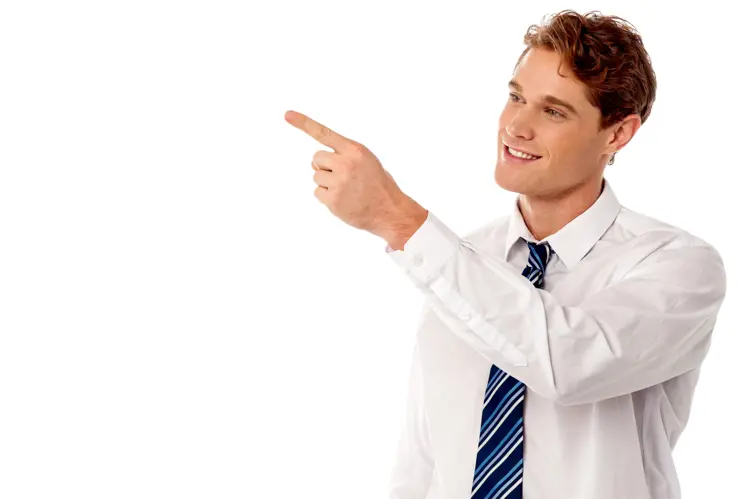 Smiling Man in White Shirt Pointing