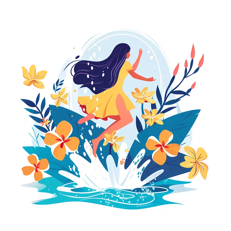Girl Jumping in Water with Flowers