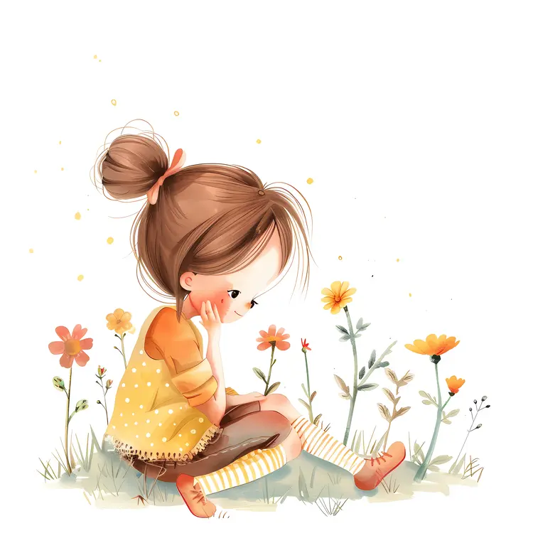 Little Girl in Yellow Dress with Flowers