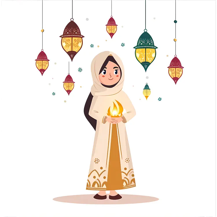 Girl with Lanterns and Festive Lights