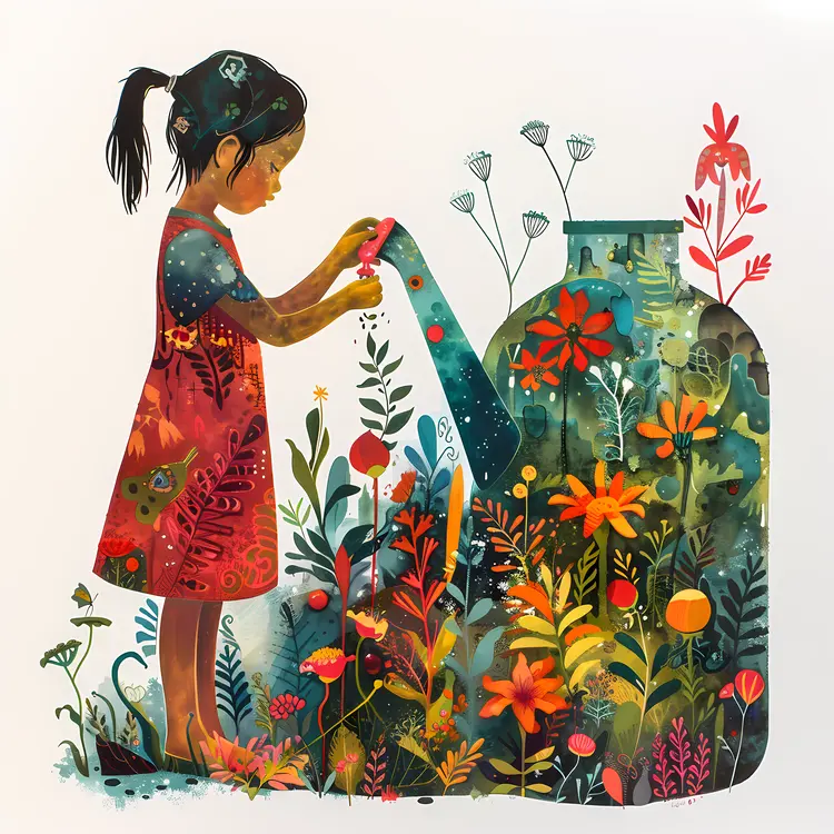 Girl Watering Flowers Illustration