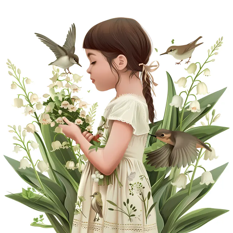 Girl Holding Lily of the Valley with Birds