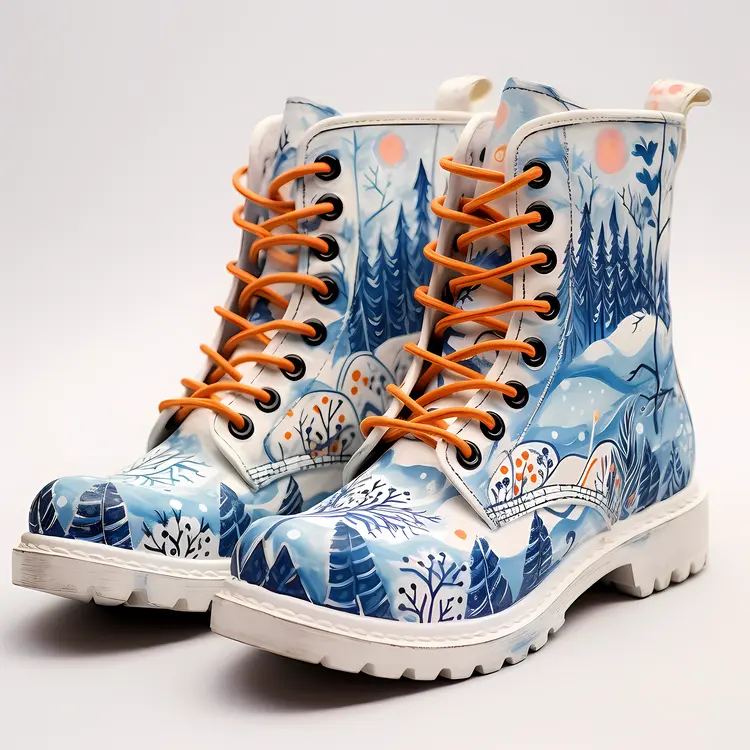 Winter Scene Boots with Orange Laces